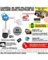 Kit de 3 caméras pilotable solaires WiFi UHD 2K 4MP avec routeur 3G/4G detection humaine 128Go