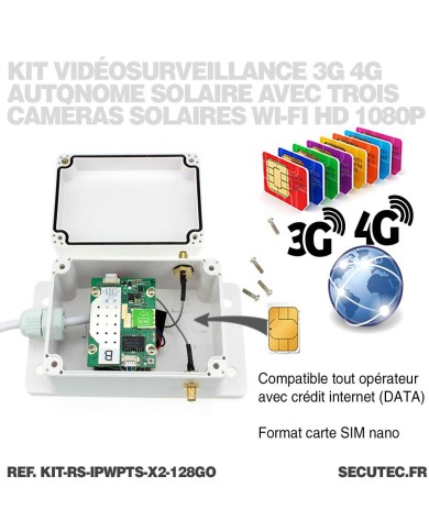 Kit videosurveillance 3G 4G autonome solaire waterproof avec 2 caméras solaires wifi uhd 2k 4mp detection humaine 128Go