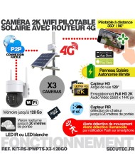 Kit videosurveillance 3G 4G autonome solaire waterproof avec 3 caméras solaires WIFI UHD 2K 4MP detection humaine 128Go
