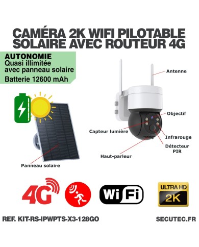 Kit videosurveillance 3G 4G autonome solaire waterproof avec 3 caméras solaires WIFI UHD 2K 4MP detection humaine 128Go