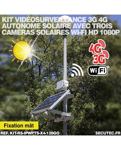 Kit videosurveillance 3G 4G autonome solaire waterproof avec 4 caméras solaires WIFI UHD 2K 4MP detection humaine 128Go