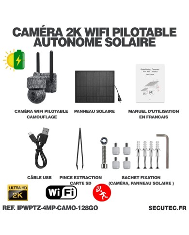 Caméra camouflage pilotable solaire WiFi UHD 2K 4Mpx alerte sirène waterproof infrarouge détection de mouvement 128Go (inclus)