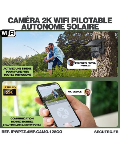 Caméra camouflage pilotable solaire WiFi UHD 2K 4Mpx alerte sirène waterproof infrarouge détection de mouvement 128Go (inclus)