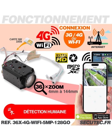 Caméra vidéosurveillance 4G ou WIFI UHD 5MP Zoom 36X détection humaine accès à distance via iPhone Android et PC avec microSD 12