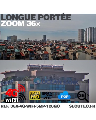 Caméra vidéosurveillance 4G ou WIFI UHD 5MP Zoom 36X détection humaine accès à distance via iPhone Android et PC avec microSD 12