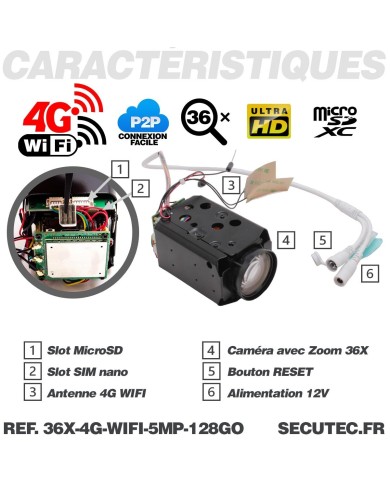 Caméra vidéosurveillance 4G ou WIFI UHD 5MP Zoom 36X détection humaine accès à distance via iPhone Android et PC avec microSD 12