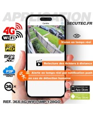 Caméra vidéosurveillance 4G ou WIFI UHD 5MP Zoom 36X détection humaine accès à distance via iPhone Android et PC avec microSD 12