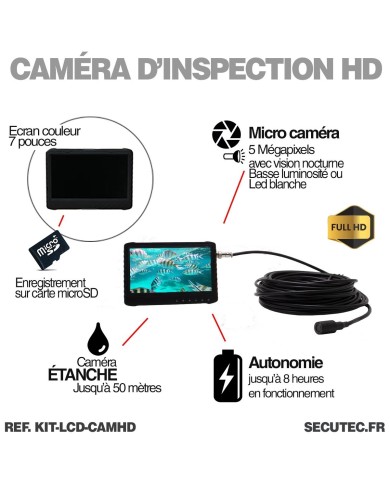 Caméra d'inspection étanche HD avec écran LCD 7 pouces autonome câble de 15 mètres mémoire 64 Go