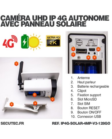 Caméra solaire IP GSM 4G UHD 4MP 2K 128Go inclus waterproof Infrarouge accès à distance via iPhone Android