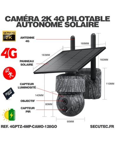 Caméra camouflage pilotable solaire 4G UHD 2K 4Mpx alerte sirène waterproof  infrarouge detection de mouvement