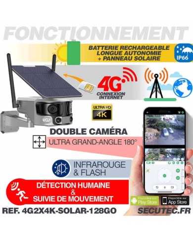 Caméra solaire 4G Ultra grand angle double objectifs UHD 4K 8MP détection de mouvement avec alerte sirène waterproof 128Go