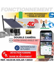 Caméra solaire 4G Ultra grand angle double objectifs UHD 4K 8MP détection de mouvement avec alerte sirène waterproof 128Go