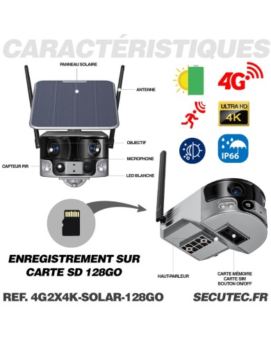 Caméra solaire 4G Ultra grand angle double objectifs UHD 4K 8MP détection de mouvement avec alerte sirène waterproof 128Go