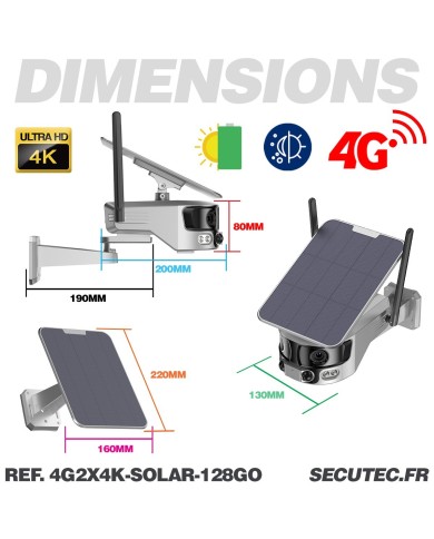 Caméra solaire 4G Ultra grand angle double objectifs UHD 4K 8MP détection de mouvement avec alerte sirène waterproof 128Go