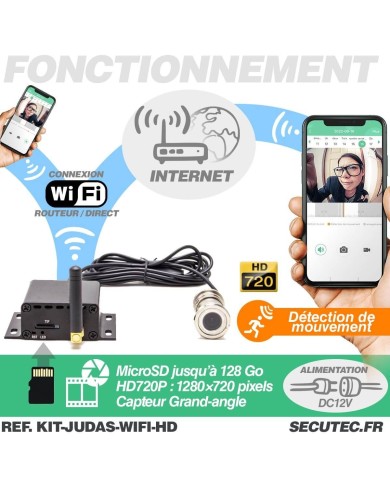 Caméra judas WiFi HD 720P avec accès à distance enregistrement à la détection de mouvement sur carte microSD 128 Go