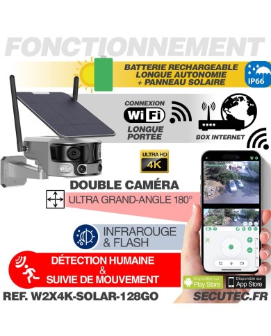 Caméra solaire WiFi Ultra grand angle double objectifs UHD 4K 8MP détection de mouvement avec alerte sirène waterproof 128Go