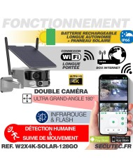 Caméra solaire WiFi Ultra grand angle double objectifs UHD 4K 8MP détection de mouvement avec alerte sirène waterproof 128Go