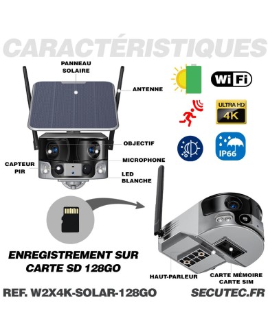 Caméra solaire WiFi Ultra grand angle double objectifs UHD 4K 8MP détection de mouvement avec alerte sirène waterproof 128Go