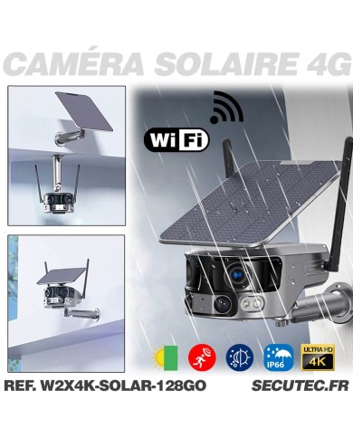 Caméra solaire WiFi Ultra grand angle double objectifs UHD 4K 8MP détection de mouvement avec alerte sirène waterproof 128Go