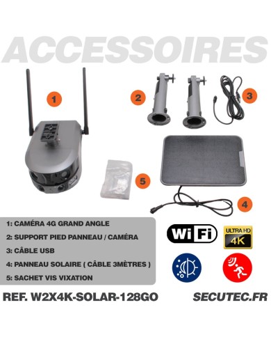 Caméra solaire WiFi Ultra grand angle double objectifs UHD 4K 8MP détection de mouvement avec alerte sirène waterproof 128Go