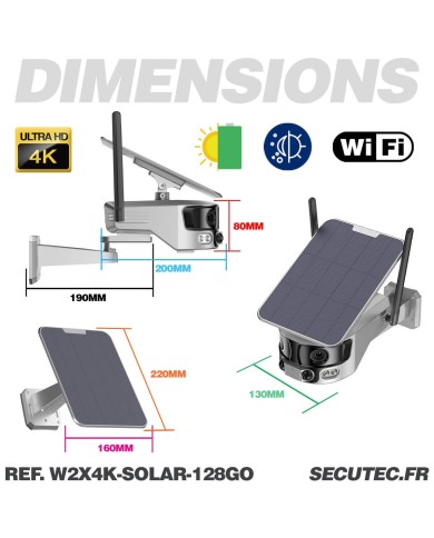 Caméra solaire WiFi Ultra grand angle double objectifs UHD 4K 8MP détection de mouvement avec alerte sirène waterproof 128Go