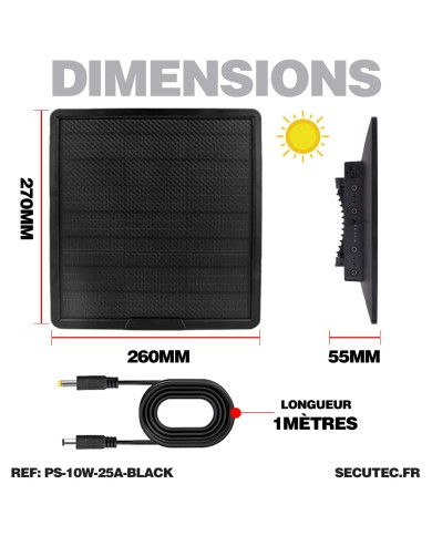 Panneau solaire 10W couleur noire multitension compatible toutes caméras très longue autonomie batterie 25A