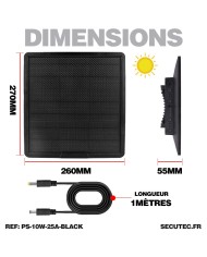 Panneau solaire 10W couleur noire multitension compatible toutes caméras très longue autonomie batterie 25A