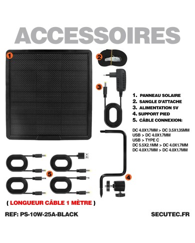 Panneau solaire 10W couleur noire multitension compatible toutes caméras très longue autonomie batterie 25A