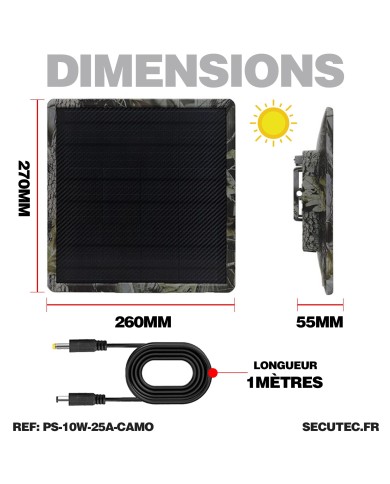 Panneau solaire 10W couleur camouflage multitension compatible toutes caméras longue autonomie batterie 25A