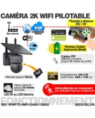 Caméra camouflage pilotable solaire WiFi UHD 2K 4Mpx alerte sirène waterproof infrarouge détection de mouvement 128Go (inclus)