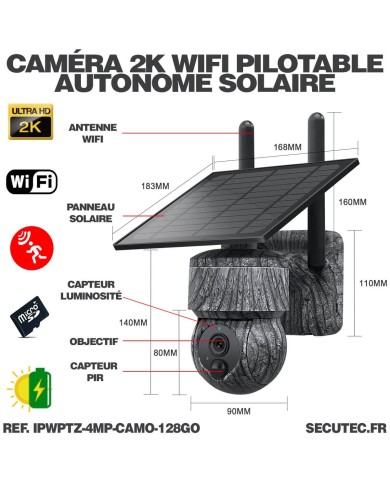 Caméra camouflage pilotable solaire WiFi UHD 2K 4Mpx alerte sirène waterproof infrarouge détection de mouvement 128Go (inclus)