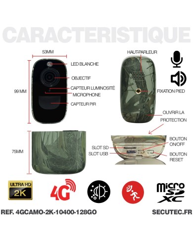 Caméra 4G camouflage 2K infrarouge invisible très longue autonomie detection de mouvement et humaine 128Go