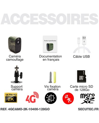 Caméra 4G camouflage 2K infrarouge invisible très longue autonomie detection de mouvement et humaine 128Go