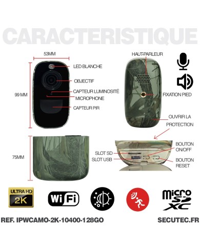 Caméra WiFi camouflage 2K infrarouge invisible batterie très longue autonomie détection de mouvement et humaine 128Go
