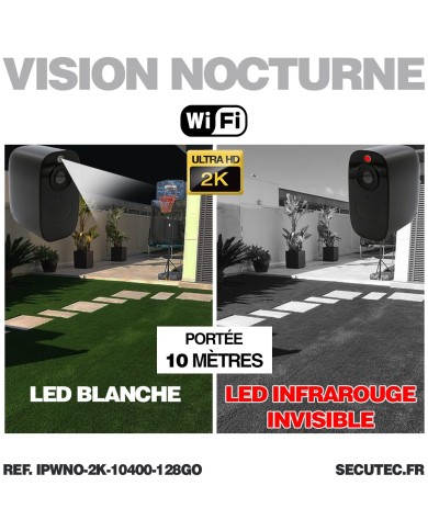 Caméra WiFi noire 2K infrarouge invisible batterie très longue autonomie détection mouvement et humaine 128Go