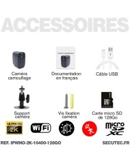 Caméra WiFi noire 2K infrarouge invisible batterie très longue autonomie détection mouvement et humaine 128Go
