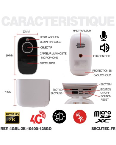Caméra 4G blanche 2K infrarouge invisible très longue autonomie detection de mouvement et humaine 128Go