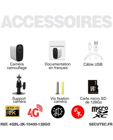 Caméra 4G blanche 2K infrarouge invisible très longue autonomie detection de mouvement et humaine 128Go
