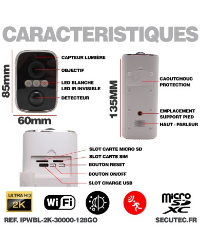 Caméra WiFi blanche 2K infrarouge invisible ultra longue autonomie detection de mouvement et humaine 128Go