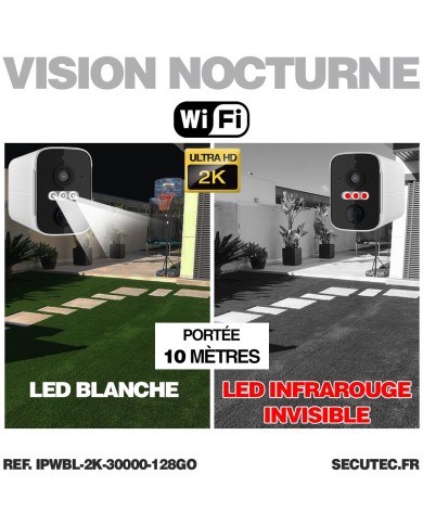 Caméra WiFi blanche 2K infrarouge invisible ultra longue autonomie detection de mouvement et humaine 128Go