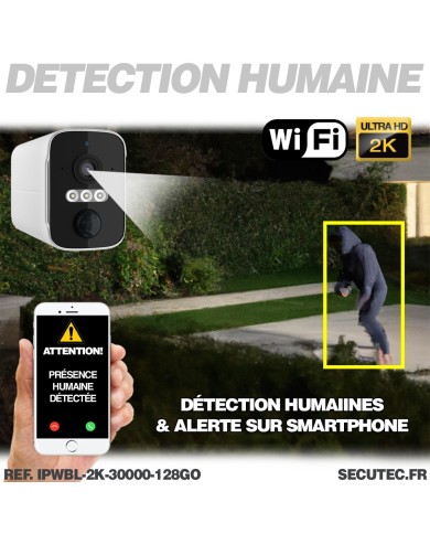 Caméra WiFi blanche 2K infrarouge invisible ultra longue autonomie detection de mouvement et humaine 128Go