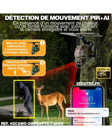 Caméra camouflage pilotable solaire 4G Ultra HD 2K alerte détection humaine AI