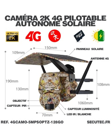 Caméra camouflage pilotable solaire 4G Ultra HD 2K alerte détection humaine AI