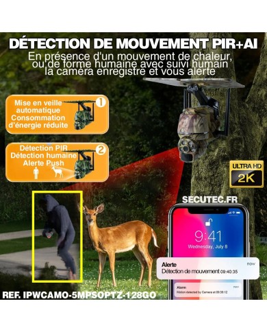 Caméra camouflage pilotable solaire WiFi Ultra HD 2K alerte détection humaine AI