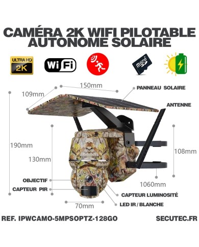 Caméra camouflage pilotable solaire WiFi Ultra HD 2K alerte détection humaine AI