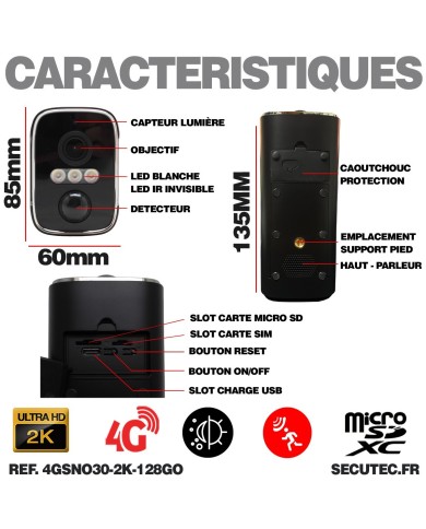 Caméra noire 4G solaire 2K infrarouge invisible batterie ultra longue autonomie detection humaine et mouvement 128Go