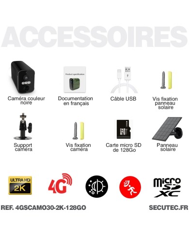 Caméra noire 4G solaire 2K infrarouge invisible batterie ultra longue autonomie detection humaine et mouvement 128Go