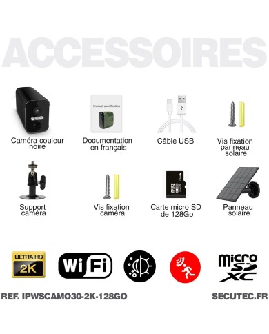 Camera noire WiFi solaire UHD 2K infrarouge invisible ultra longue autonomie detection de mouvement et humaine 128Go