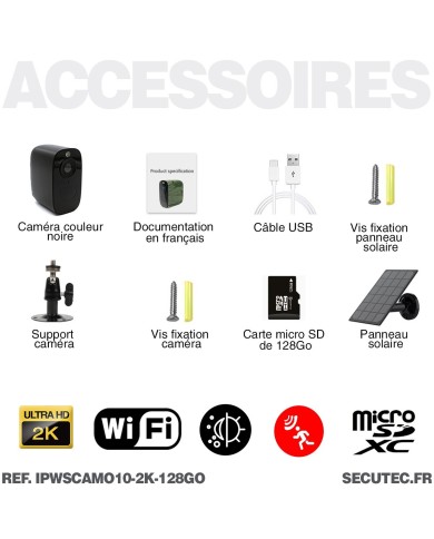 Camera noire WiFi solaire UHD 2K infrarouge invisible très longue autonomie detection de mouvement et humaine 128Go