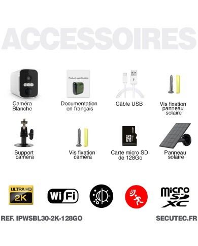 Camera blanche WiFi solaire UHD 2K infrarouge invisible ultra longue autonomie detection de mouvement et humaine 128Go